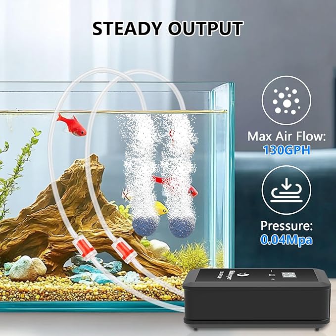 fishkeeper Aquarium Air Pump, 8W 130GPH Dual Outlet Fish Tank Air Pump with Adjustable Airflow Ultra-Quiet Oxygen Aerator Pump with Air Stone Bubbler for 10-120 Gallon Fish Tank-PawvioPets