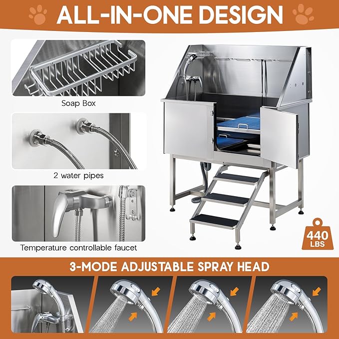 Albott 50 Inch Stainless Steel Dog Washing Station with Non-Slip Steps, Sprayer, Faucet, Soap Box – Professional Pet Bathtub for Small and Medium Pets, Use at Home, Garage, or Grooming (Right Door)-PawvioPets