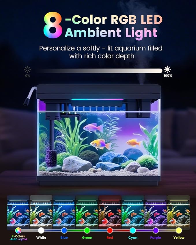 Fishkeeper 2.3G Smart Aquarium - Ultra Clear Glass Fish Tank w/Auto Timer 8-Color RGB Lights, 4-in-1 Self-Cleaning Silent Water Pump, Aromatherapy, Temperature Display, Perfect for Desktop Decor-PawvioPets