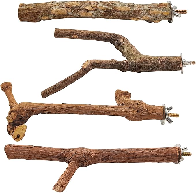 4 Pcs Natural Wooden Bird Perch Parrot Stand, 2 Grape Wood Perches, A Stand Fork Standing Branch, A Paw Grinding Fork, Bird Cage Accessories for Parakeets, Birdcage Sticks & Toys for Budgies, Finches-PawvioPets