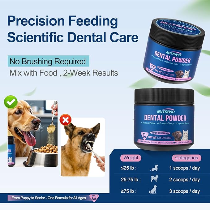 Dental Powder for Dogs & Cats - 5 Strains of Probiotics with 10B CFU, Natural Ingredients for Plaque & Tartar Control, Fresh Breath Oral Care,Safe for All Breeds & Ages Pets - 6.35oz(180g)-PawvioPets
