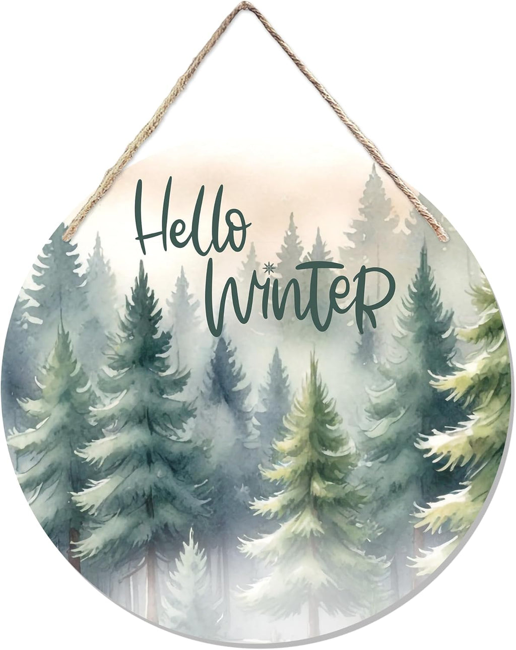 CGBHW Hello Winter Welcome Forest Wooden Sign, Winter Farmhouse Pine Trees Holiday Seasonal Decoration Hanging Sign Wall Decor, Rustic Christmas Wooden Sign for Home Office Nursery Door Decor 12 x 12 Inch