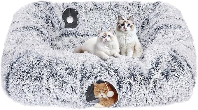 Extra Large Cat Tunnel Bed, 4 Ways Tunnels for Indoor Cats, Multi-cat Family Peekaboo Cave & Cat Bed, Plush Cat Donut with Washable Middle Mat, Exit Balls, Pet Play Toy for Kitten Puppy Rabbit-PawvioPets