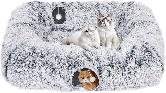 Extra Large Cat Tunnel Bed, 4 Ways Tunnels for Indoor Cats, Multi-cat Family Peekaboo Cave & Cat Bed, Plush Cat Donut with Washable Middle Mat, Exit Balls, Pet Play Toy for Kitten Puppy Rabbit-PawvioPets