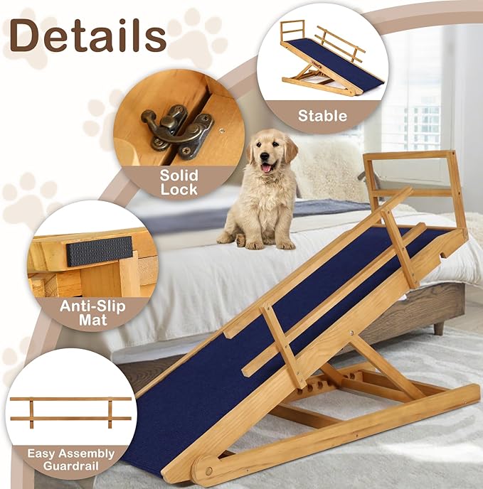 Dog Ramp for Beds, Cars, Couches, Dog Steps Anti-Slip Surface, Dogs Ramps for Old Small Pet,High Traction with Platform, 7 Adjustable Heights 16" to 27" Up, Portable Stairs Design for Dogs, 45.3" Long-PawvioPets