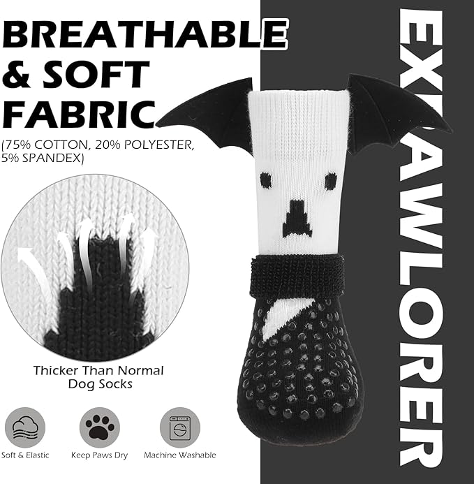 EXPAWLORER Halloween Anti Slip Dog Socks to Prevent Licking Paws, Boots & Paw Protectors with Grippers,Doggie Booties for Hardwood Floors for Small Medium Large Senior Dogs Costume White Ghost Wings M-PawvioPets