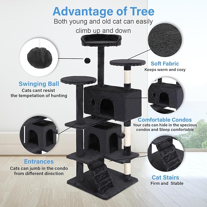 FDW Cat Tree 54in Cat Tower Multi-Level Durable Cat Scratching Post & Cozy Fun Cat Jumping Platform Space Saving Cat Condo Pet Play House for Indoor Cats,Dark Gray-PawvioPets