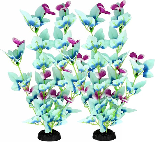 16 Inch Aquarium Fish Tank Plant Betta Fish Tank Decor,2 Pack Silk Aquarium Plants for Aquarium Decoration (White-Blue)-PawvioPets