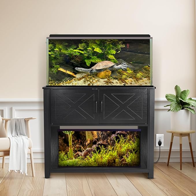 40 Gallon Tank Stand with Cabinet and Power Outlets, Heavy Duty Metal Aquarium Stand for 40-50 Gallon Breeder Tank, Turtle Tank, Double Terrarium Stand, 660LBS Capacity, Black-PawvioPets