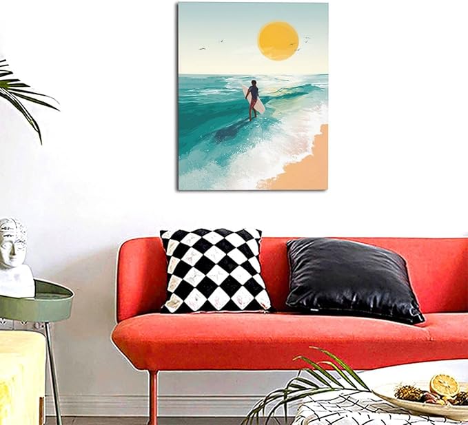Beach Surfing Wall Art Ocean Coastal Wave Canvas Wall Decor Summer Nature Seascape Pictures Painting Print Framed Artwork Decorations for Bathroom Living Room Office Bedroom 16"x20"-PawvioPets