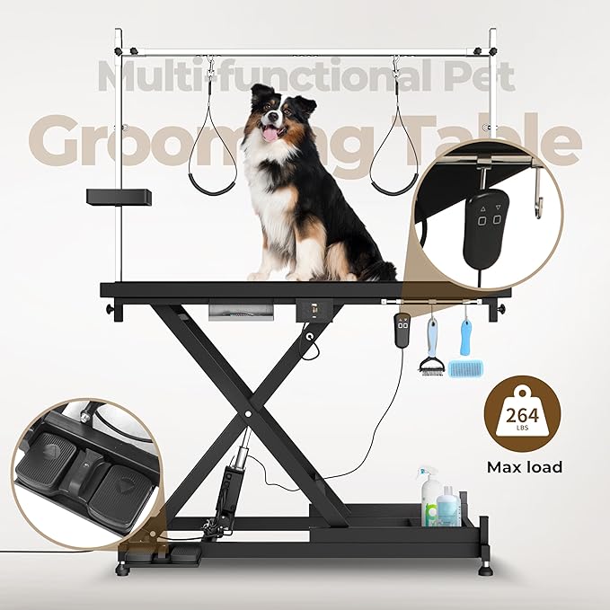 Electric Pet Grooming Table for Large Dogs - Professional Heavy Duty Height Adjustable Pet Grooming Station with Anti Slip Tabletop, Two Nooses & Tool Organizer, Maximum Capacity Up to 250 lbs Black-PawvioPets