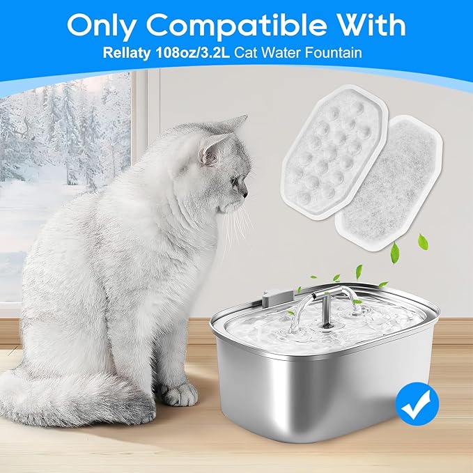 Cat Fountain Filter Replacement, Cat Water Fountain Filters Compatible with Rellaty & Fit for Neareal 3.2L/108oz Fountains, 10PCS Replacement Filters with 10PCS Sponge 10+10 Pack-PawvioPets