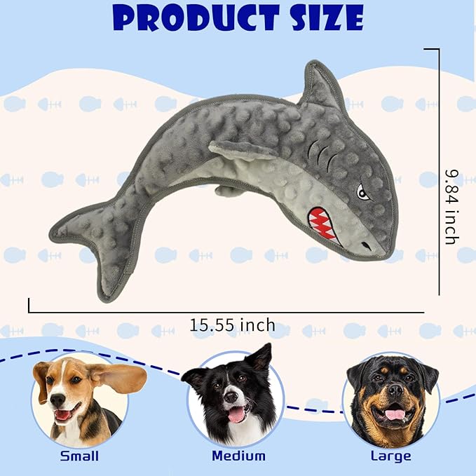 Dog Toy Squeaky Chew Dog Toys No PP-Cotton,no Stuffed for Small, Medium, Large Breed Dogs Interactive Hours of Fun,Gray-Shark-PawvioPets