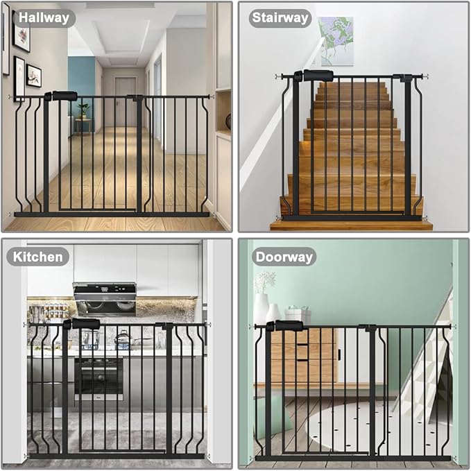 Fairy Baby Walk Through Black Baby Gate 29-34 Inch Wide, Pressure Mounted Safety Gate with Door No Drill, Tension Metal Gate for Dog and Toddler-PawvioPets