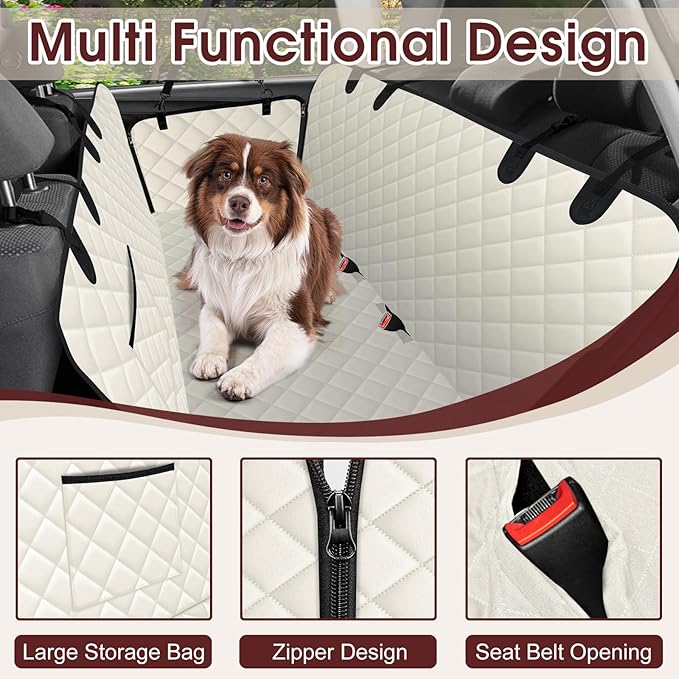 Dog Car Seat Cover, Durable Waterproof Scratch Proof Nonslip Dog Hammock, Pet Back Seat Covers with Pocket for Cars SUVs and Trucks - L, Beige/Black-PawvioPets