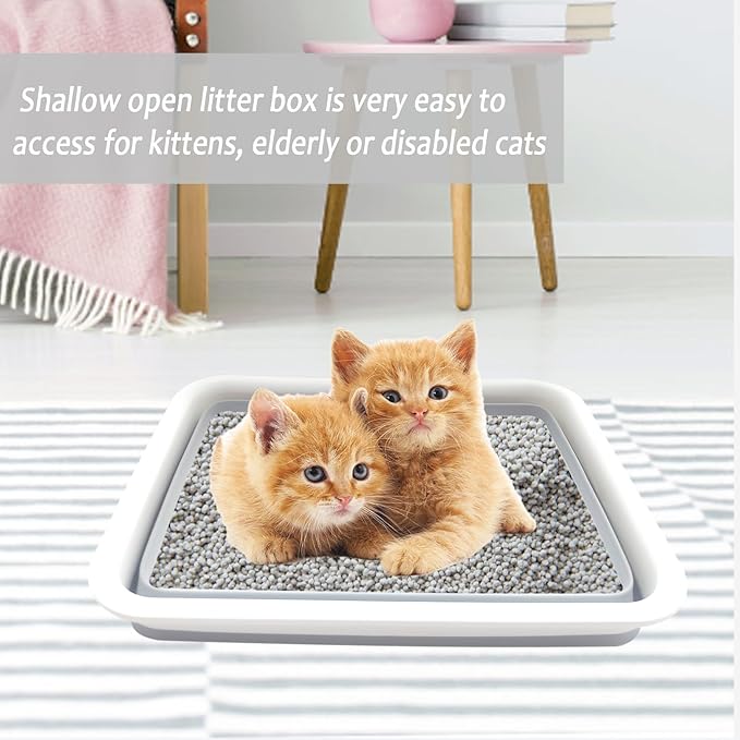 2 Pack Collapsible Small Cat Litter Box, Open Kitten Litter Potty Pan Low Entry Pet Kitty Toilet Foldable Waterproof Travel Toilet for Sick Frail Kitty 14.6 x 10.6 x 4.8 inches Grey-PawvioPets