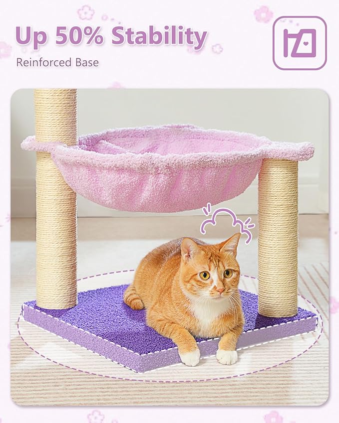 Flower Cat Scratching Post, 28" Cute Cat Tree Tower for Indoor Cats with Large Hammock Soft Perch Bed, Replaceable Toy Ball for Kittens, Purple-PawvioPets