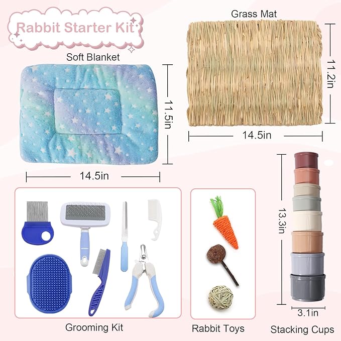 25 Pcs Large Rabbit Starter Kit, Bunny Litter Box with Drawer Animal Grooming Kit Stacking Cups Bowl Blankets Mat with Cleaning Set for Adult Guinea Pig, Ferret, Hamster, Bunnies Accessories (Blue)-PawvioPets