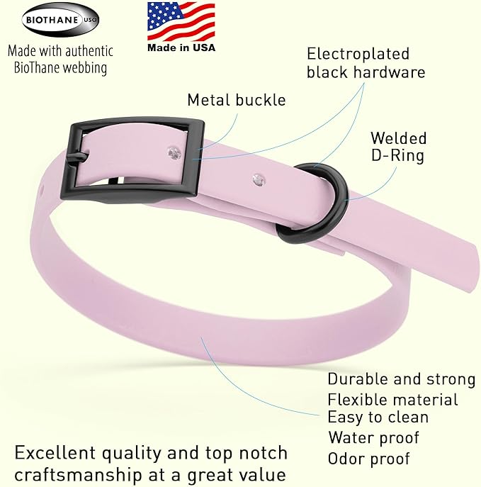 Dogline Biothane Waterproof Dog Collar Strong Coated Nylon Webbing with Black Hardware Odor- Proof for Easy Care Easy to Clean High Performance Fits Small Medium or Large Dogs, Pastel Purple-PawvioPets