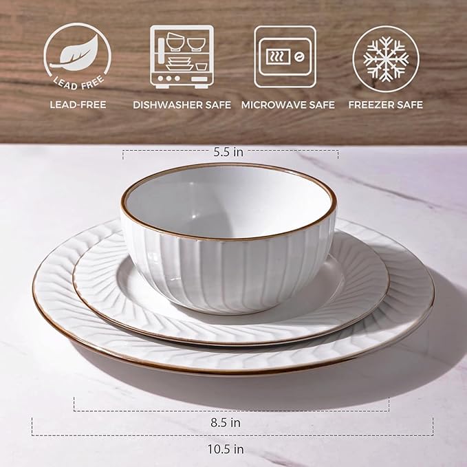 GBHOME Ceramic Dinnerware Sets,12 pcs Embossed Elegant Stoneware Plates and Bowls Sets, Housewarming Wedding Gift | Dishwasher & Microwave Safe | Dishes Set Service for 4-PawvioPets
