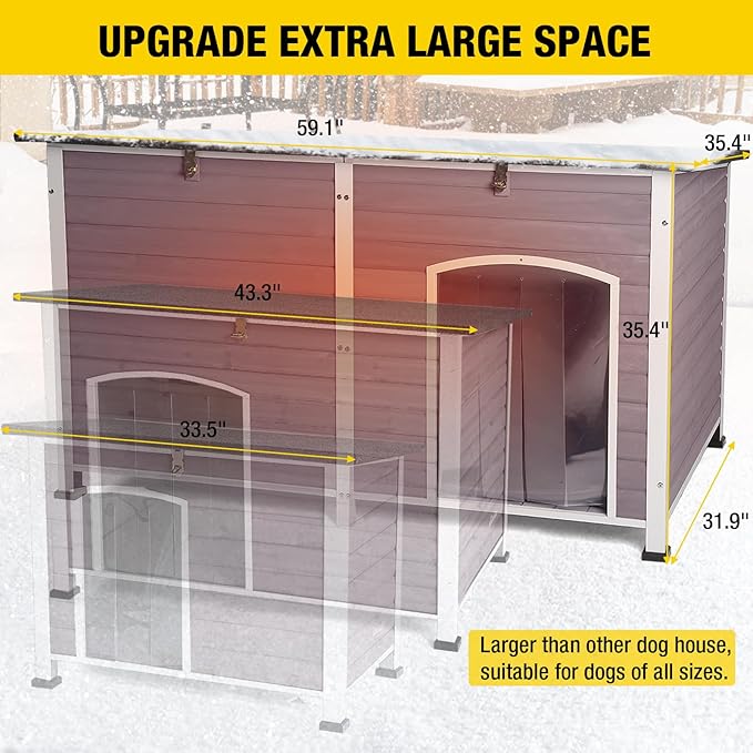 Aivituvin Large Dog House with Insulated Liner for Outdoor, Waterproof Outsides Heated Dog Kennel for Small Medium Large Dog with All-Around Iron Frame-PawvioPets