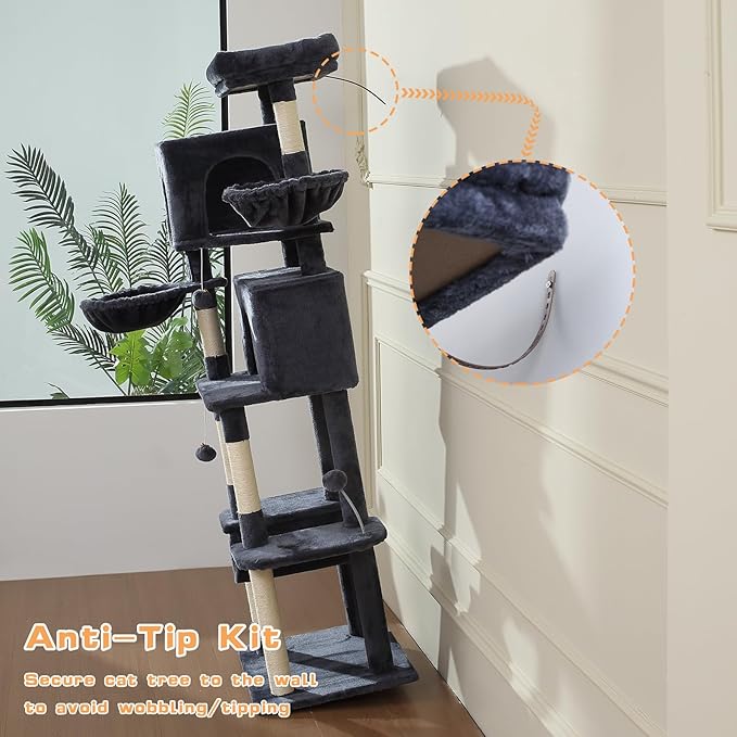 70-Inch Cat Tree,Large Cat Tree Tower with Hammock, Scratching Post, Condo and Multi-Level Cat Tower for Large Cats, Cat Activity Center Playhouse, Dark Gray LCT016-PawvioPets