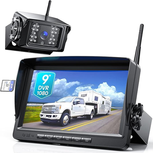 Fookoo HD 1080P 9" Wireless Backup Camera System, 9-inch Dual/Quad Split Monitor w/Recording, Supports 4 Cameras, IP69 Waterproof Rear View Cam Parking Lines 32GB SD Card for RV/Trailer/Truck(DW901)-PawvioPets