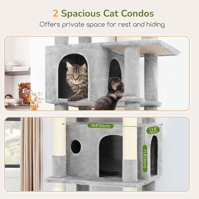 Globlazer Large Cat Tree Tower, Tall Cat Tree Condos for Indoor Cats Large Adult Cat Climbing Tower with 2 Spacious Caves, Oversized Top Perch, Big Hanging Basket, Cat Teaser Wand, F74B, Light Grey-PawvioPets