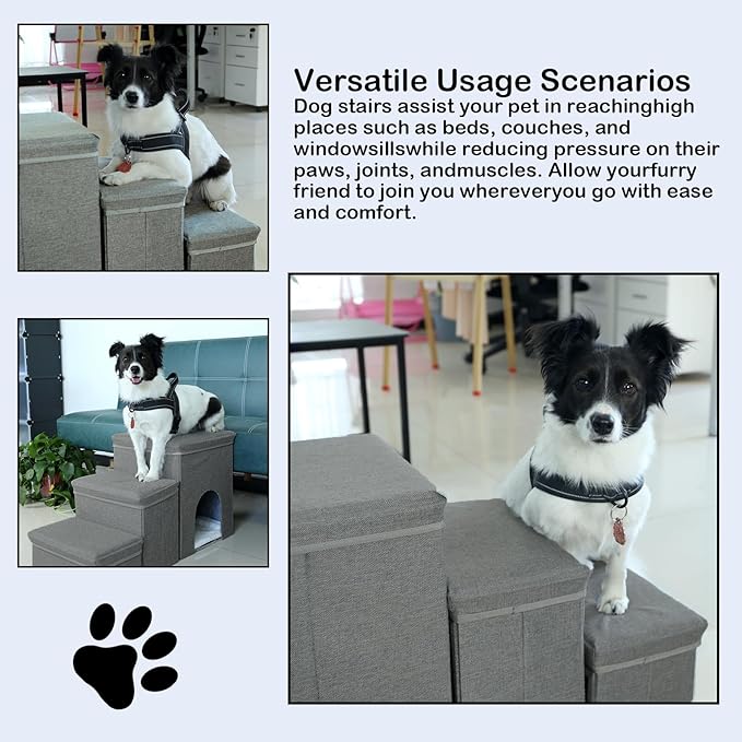Dog Stairs with Storage Dog Steps for High Beds 3-Step Pet Stairs Ramp with Storage Box and Condo for Small Dogs Cats Pets-PawvioPets
