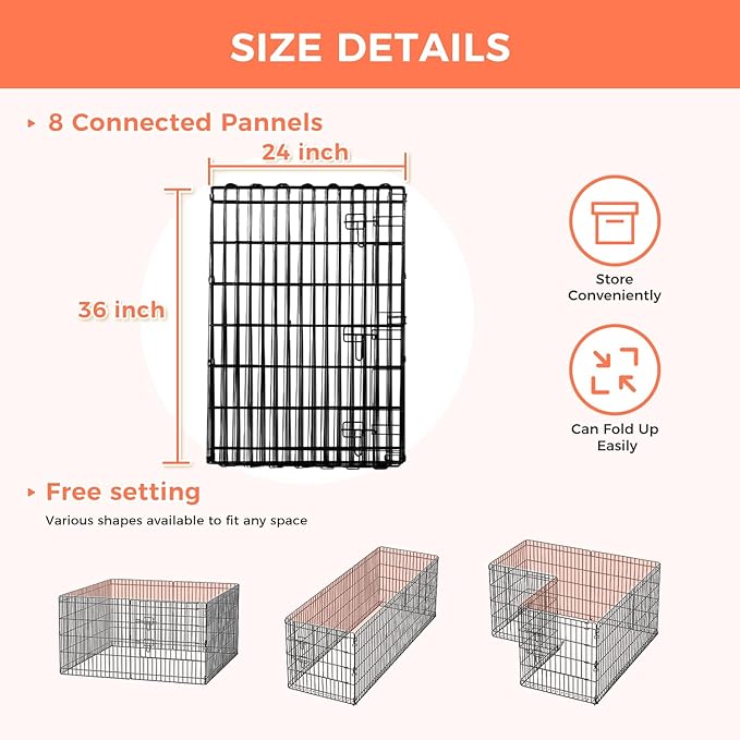 Foldable Dog Playpen 36" Height 8 Panels Metal Exercise Pen with Door - Indoor/Outdoor Dog Play Pen for Small-Medium Dogs, Portable Pet Fence for Yard Garden Camping, Black-PawvioPets