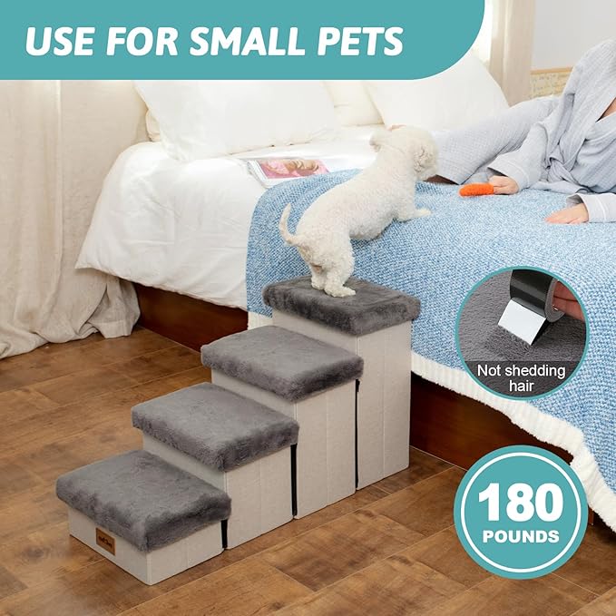 Dog Stair for Small Dogs with Storage, Foldable Pet Step with Soft Cover, Older Cat Ramp for Chair Couch Sofa, Lightweight, Durable, Comfort, 33x13x17.7 inch, 4 Tiers Grey-PawvioPets