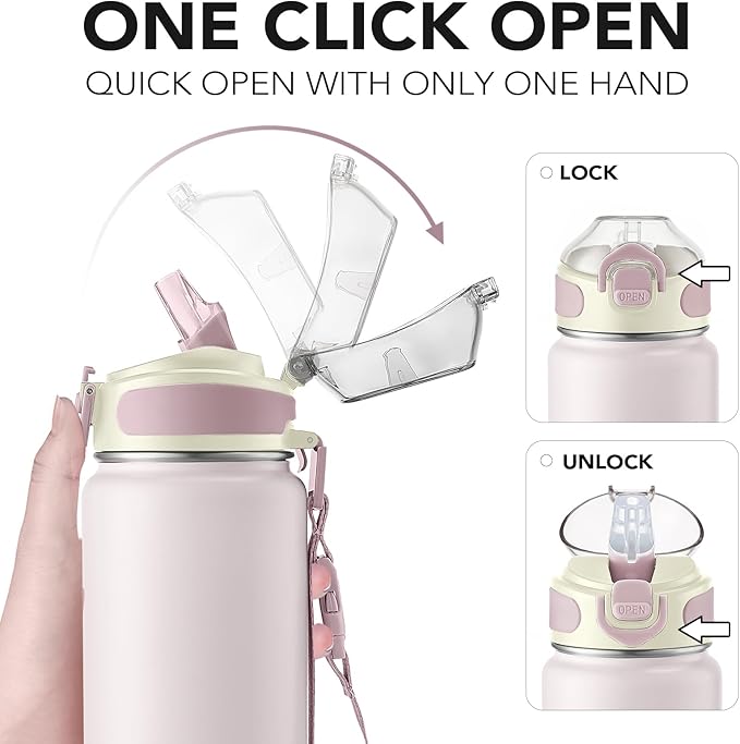 Enerbone 32 oz Insulated Water Bottle, Stainless Steel Bottle with Carrying Strap, Double-Wall Vacuum Insulation Design, Leakproof Sports Bottle with Straw, Keep Drinks Cold or Hot for Hours-PawvioPets