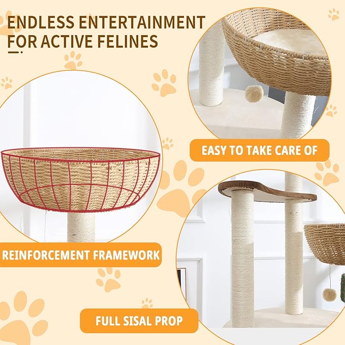 52" Modern Cat Tree Tower for Large Cats, 3Cat Nests Manual Hand Woven Multilevel Huge Paws Pals Cat Tree, Wood Cat Tower, Cat Scratching Tree, Cat Condo, Cat Lover Gift-PawvioPets