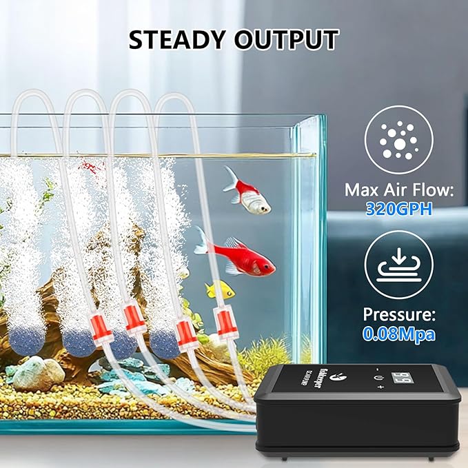 fishkeeper Aquarium Air Pump, 12W 320GPH Ultra Quiet Fish Powerful Fish Tank Air Pump with Four Outlet Adjustable Oxygen Aerator Pump with Air Stone Bubbler for 30-600 Gallon Tanks-PawvioPets