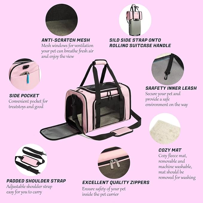 Cat Carrier Dog Carrier Pet Carrier Cat Bags for Small Medium Cats Dogs Puppies of 15 Lbs,of Airline Approved Small Dog Bag Soft Sided,Collapsible Travel Puppy Carrier (Medium, Pink)-PawvioPets