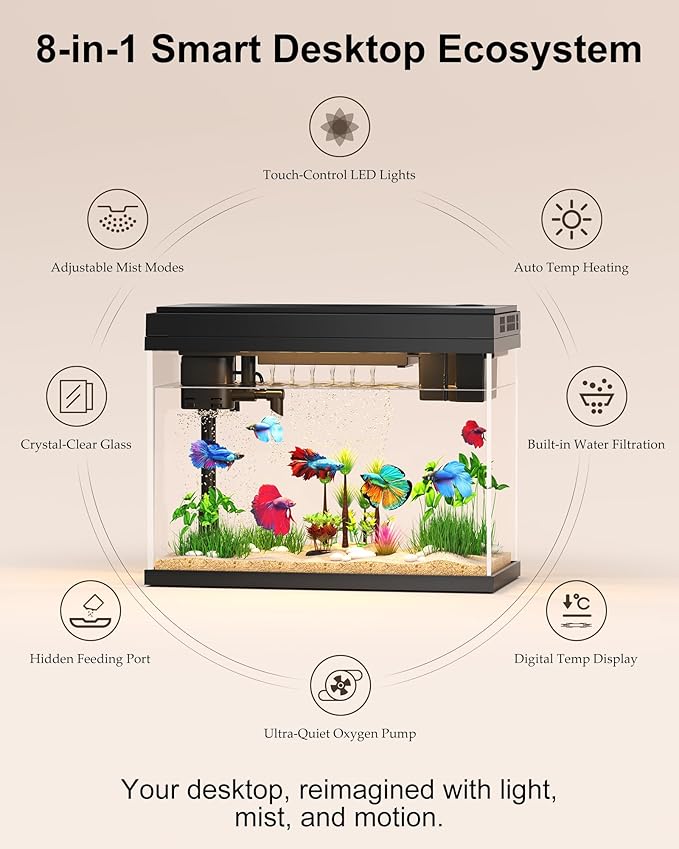 Fish Tank with Desktop Humidifier, 2.38 Gallon Quiet Eco Aquarium,Smart Touch LED Light & Temperature Display, Glass Mini Fish Tank-PawvioPets