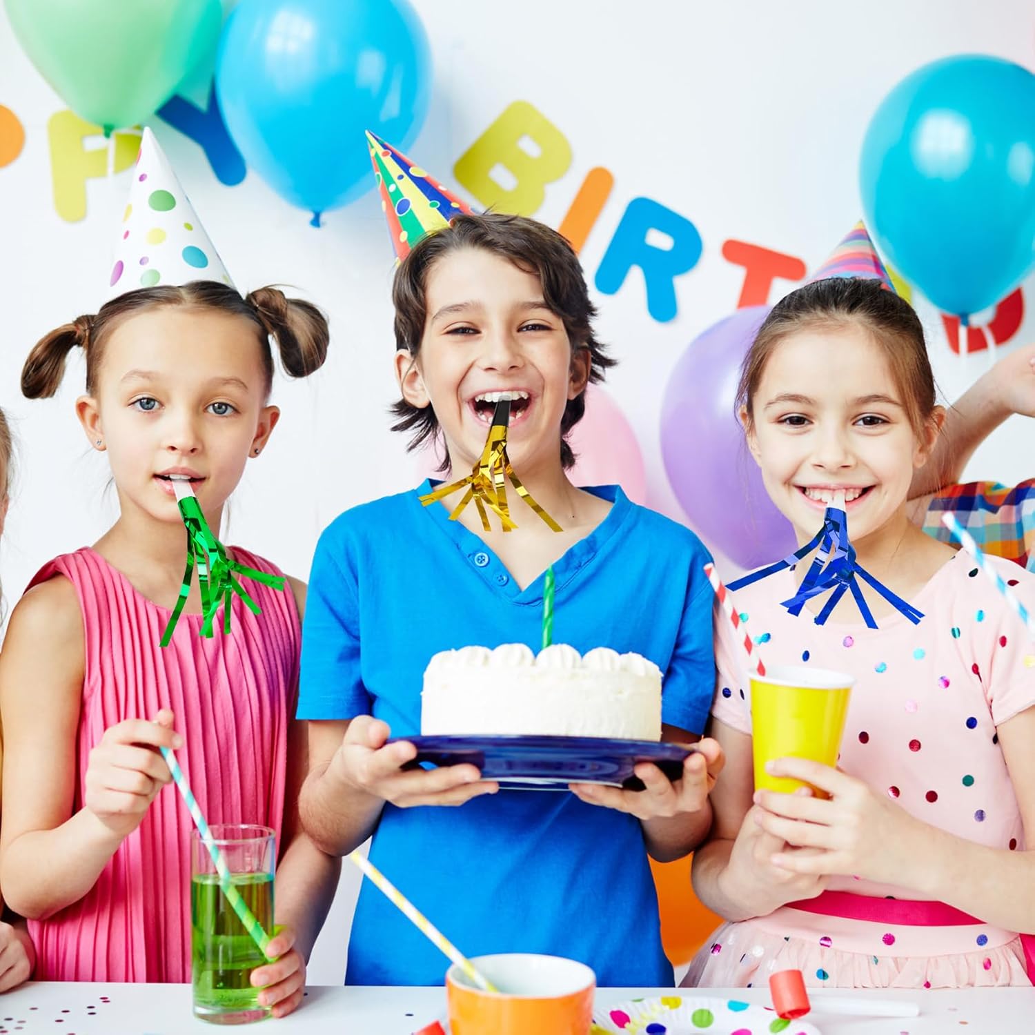 Party Blowers, 24 PCS New Years Noise Makers, Gold Silver Glitter Metallic Fringed Party Blowouts, Blow Horns Whistles for Kids Birthday Graduations Christmas Weddings Family Sporting Events Supplies