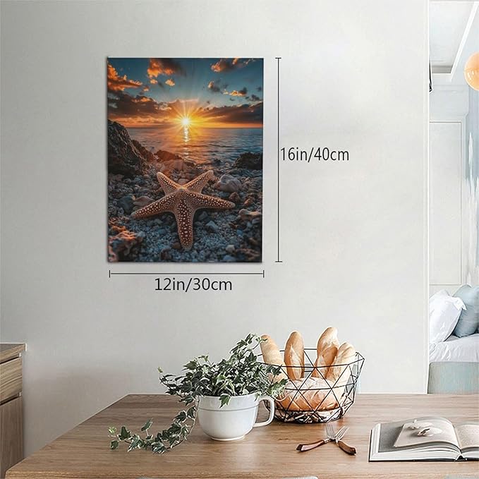 Beach Starfish Wall Decor Ocean Starfish Wall Art Sunset Scenery Coastal Theme Pictures Canvas Nature Seascape Painting Print Framed Artwork Decorations for Home Bathroom Living Room Bedroom Office 12"x16"-PawvioPets