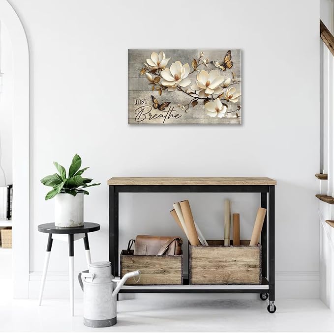 Floral Magnolia Bathroom Pictures Wall Art, Just Breathe Bathroom Wall Decor, Flower Butterfly Framed Painting Canvas Artwork for Bedroom Living Room Decorations 24"L x 16"W-PawvioPets