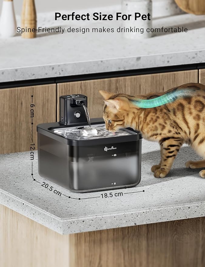 DownyPaws Cat Water Fountain Stainless Steel Cordless, 84oz/2.5L Fursink Wireless Pet Water Fountains for Cats Indoor, Battery Operated Cat Drinking Fountain, BPA-Free, Black with 6 Filters-PawvioPets