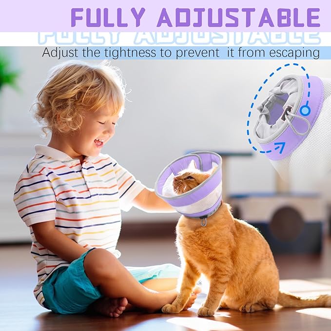 Breathable Air Mesh Cat Cone Collar Soft to Stop Licking, Adjustable, Foldable Lightweight Kitten Cones After Surgery Recovery for Cats & Kittens (Purple, S)-PawvioPets