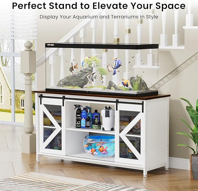 55-75 Gallon Aquarium Stand Heavy Duty Steel Frame, Fish Tank Cabinet with Accessories Storage for Reptile Terrarium & Turtle Tank - 1000lbs Capacity (White)-PawvioPets