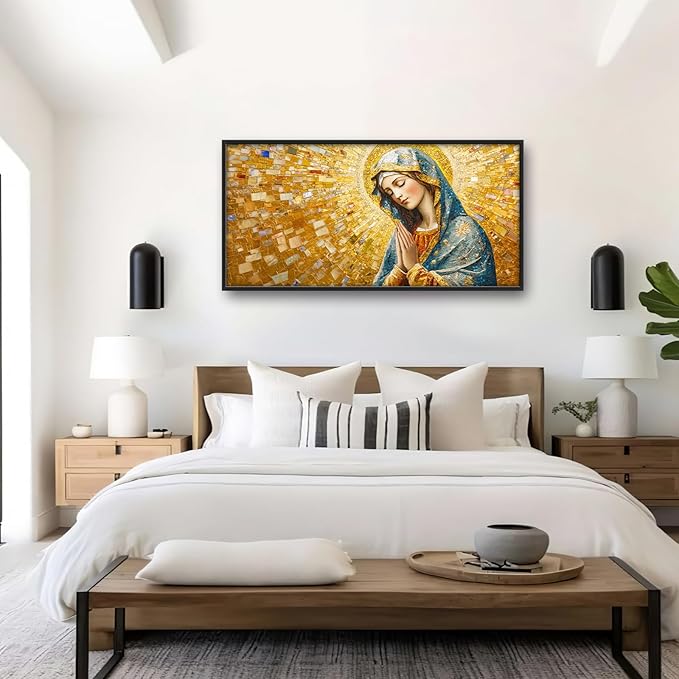Extra Large Virgin Mary Framed Wall Art for Living Room,Oversized Golden Christian Religious Pictures Wall Decor,Canvas Print Painting Modern Artwork Bedroom Office Bathroom 60L" x 30W"-PawvioPets