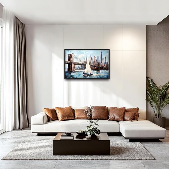 Extra Large Sailboat Framed Wall Art for Living Room,Oversized New York Brooklyn Bridge Pictures Wall Decor,Cityscape Canvas Print Painting Modern Artwork Bedroom Office Bathroom 36L" x 24W"-PawvioPets