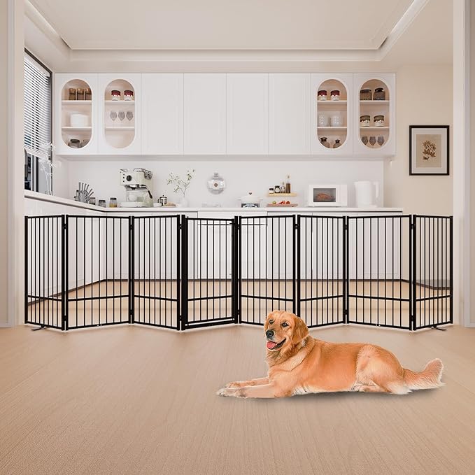 Full Metal Freestanding Dog Gate with Door, 36''Height Foldable Pet Dog Fence for Indoor & Outdoor, 8 Panels Extra Wide Free Standing TallDog Gates for Doorways,House,Stairs,Porch,Deck,Yard-PawvioPets