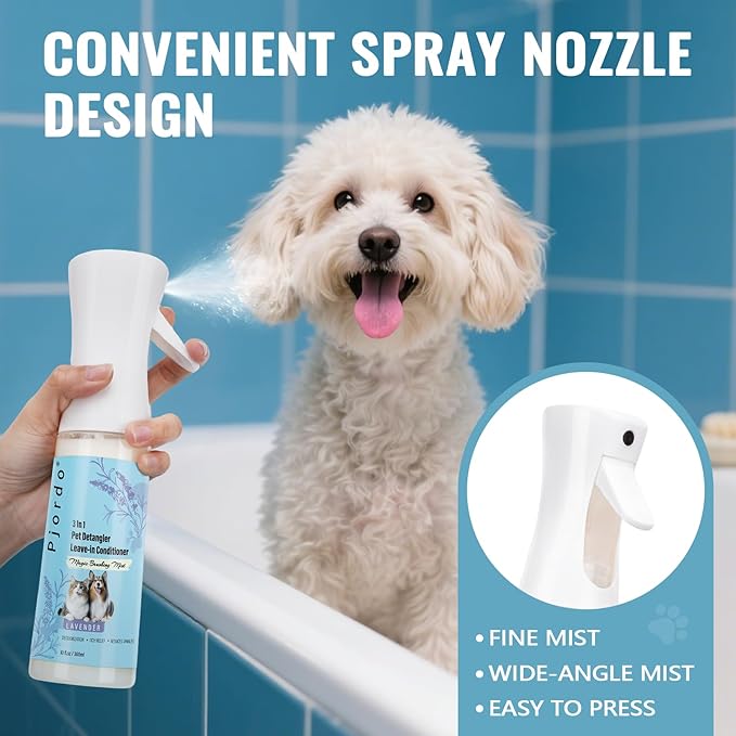 Dog Detangler Grooming Spray 10 Fl Oz, Leave in Pet Conditioner for Hair Dematting, Dry Skin & Pet Fur Shedding, Deodorization & Itch Relief & Reduces Tangles, Suitable for All Coat Types-PawvioPets