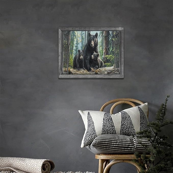 Black Bear Wall Art Forest Window Canvas Cabin Living Room Pictures Prints Animal Wall Decor Painting Artwork for Bedroom Dining Office Home 16"x12"-PawvioPets