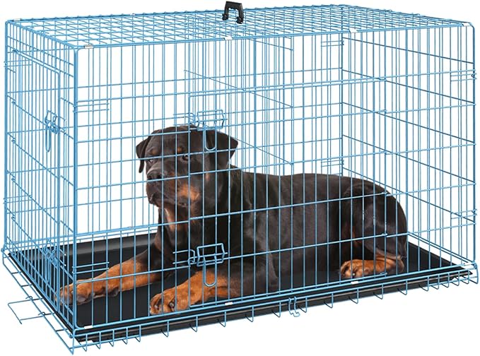 FDW Dog Crate for Large Dogs 42 Inch Folding Metal WirePet Cage Double Door W/Divider Panel Indoor Outdoor Kennel Leak-Proof Plastic Tray,Blue-PawvioPets