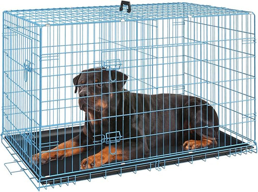 FDW Dog Crate for Large Dogs 42 Inch Folding Metal WirePet Cage Double Door W/Divider Panel Indoor Outdoor Kennel Leak-Proof Plastic Tray,Blue-PawvioPets