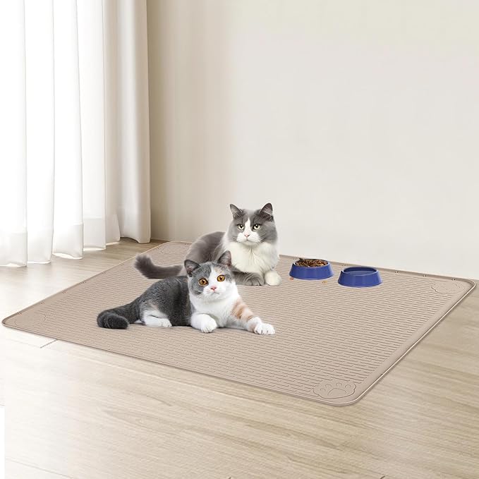 Cat Food Mat, 40" x 28" Extra Large Silicone Pet Feeding Mat with Raised Edge Pet Placemat for Food and Water Bowl Non-Slip, Easy to Clean, Floor Protection (Khaki)-PawvioPets